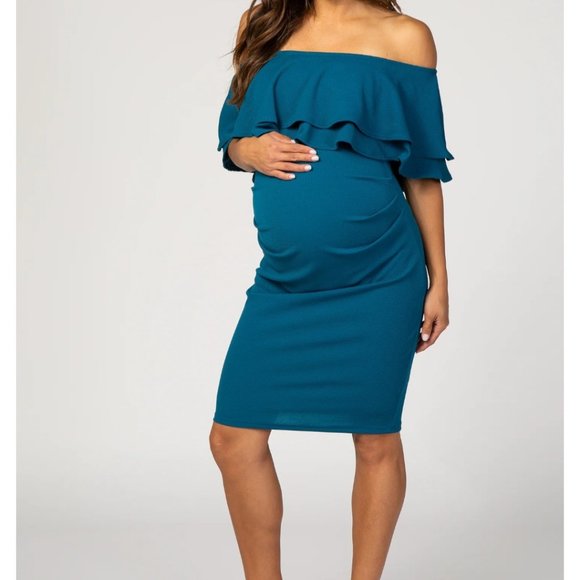 NWOT Pink Blush Maternity Teal Off Shoulder Dress - Picture 1 of 5